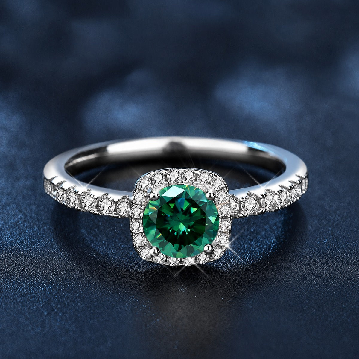 Green Round Moissanite Square Halo Engagement Ring with CZ close-up detail view with moissanite sparkle