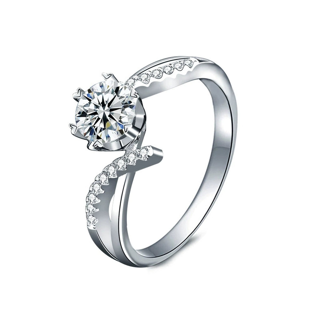 Round Moissanite Pave Engagement Ring with CZ in white gold-plated S925 sterling silver on clean white background