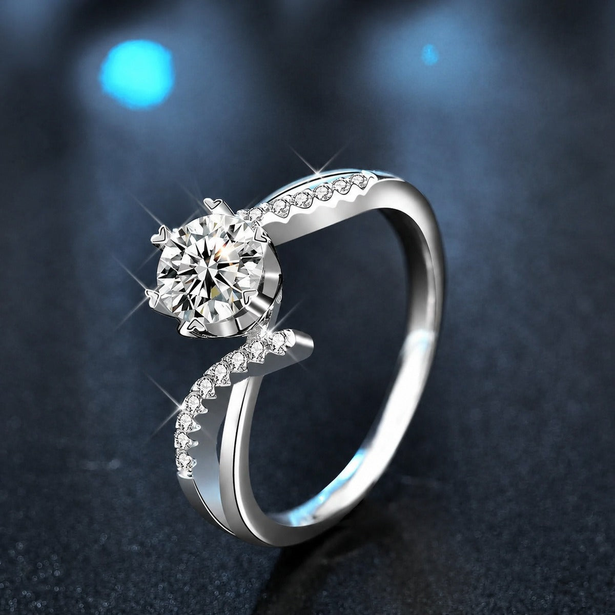 Round Moissanite Pave Engagement Ring with CZ product view showing moissanite setting and metal finish