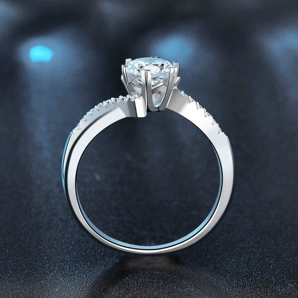 Round Moissanite Pave Engagement Ring with CZ close-up detail view with moissanite sparkle