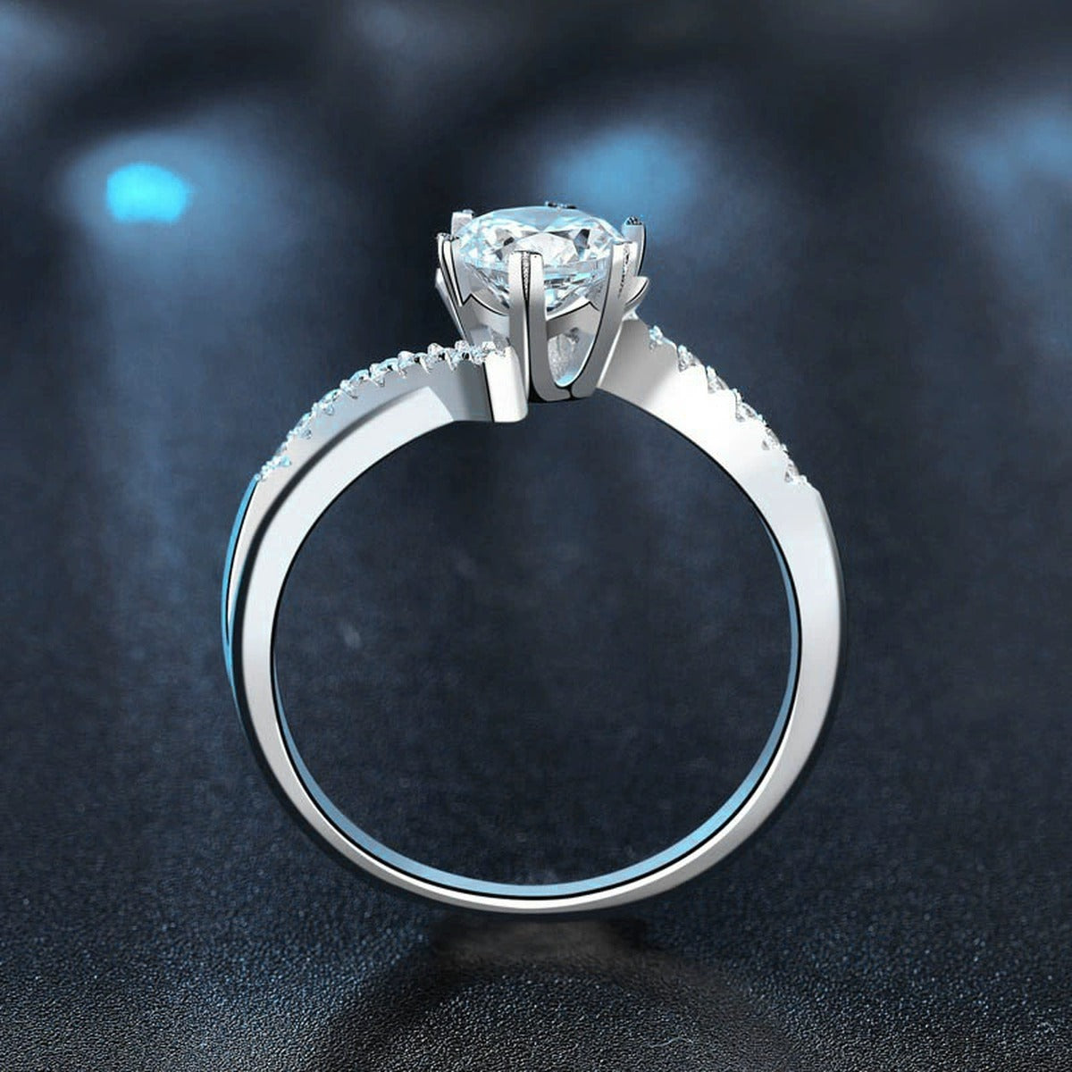 Round Moissanite Pave Engagement Ring with CZ close-up detail view with moissanite sparkle