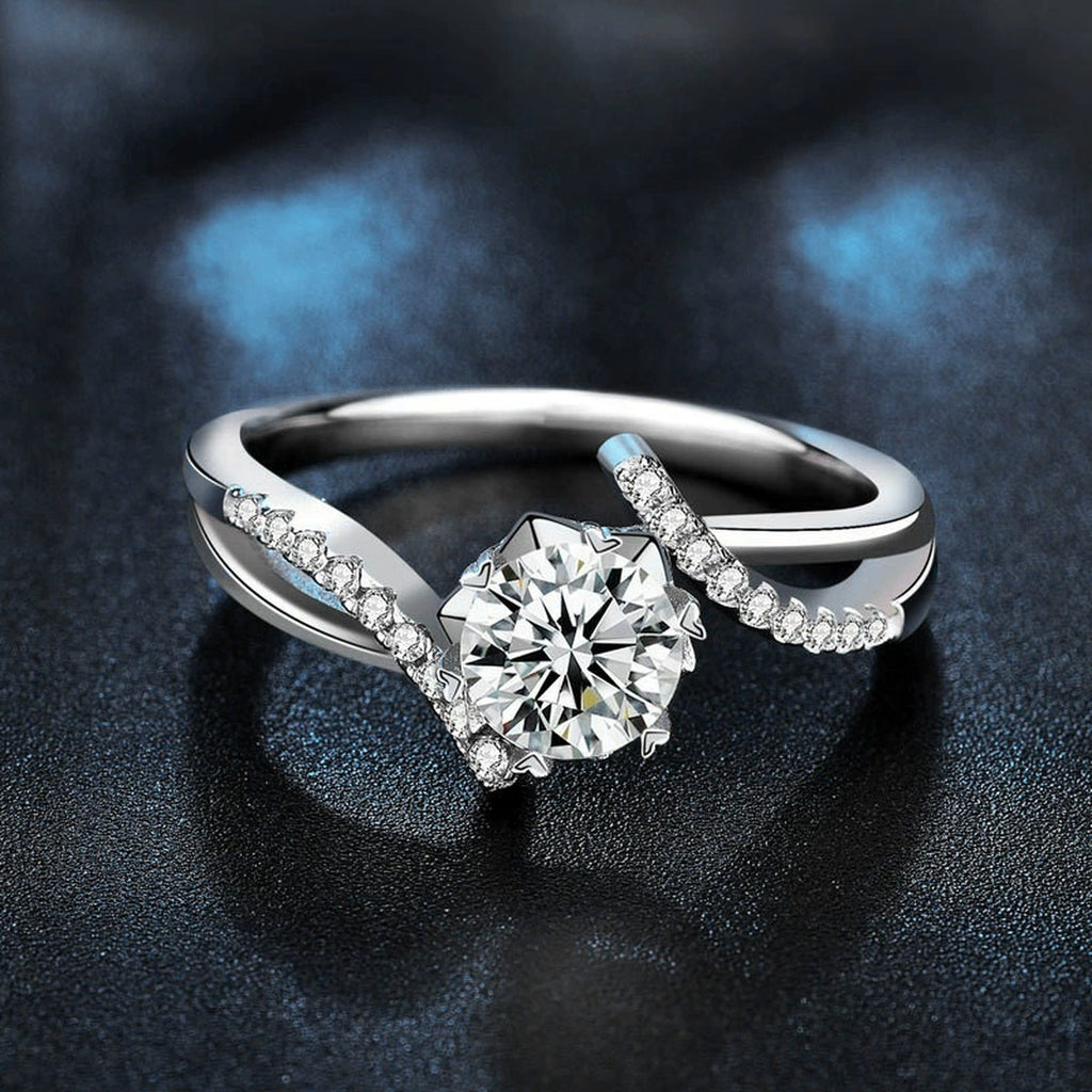 Round Moissanite Pave Engagement Ring with CZ close-up detail view with moissanite sparkle
