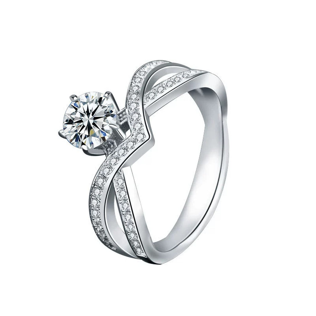 Crown Round Moissanite Pave Engagement Ring with CZ in white gold-plated S925 sterling silver on clean white background