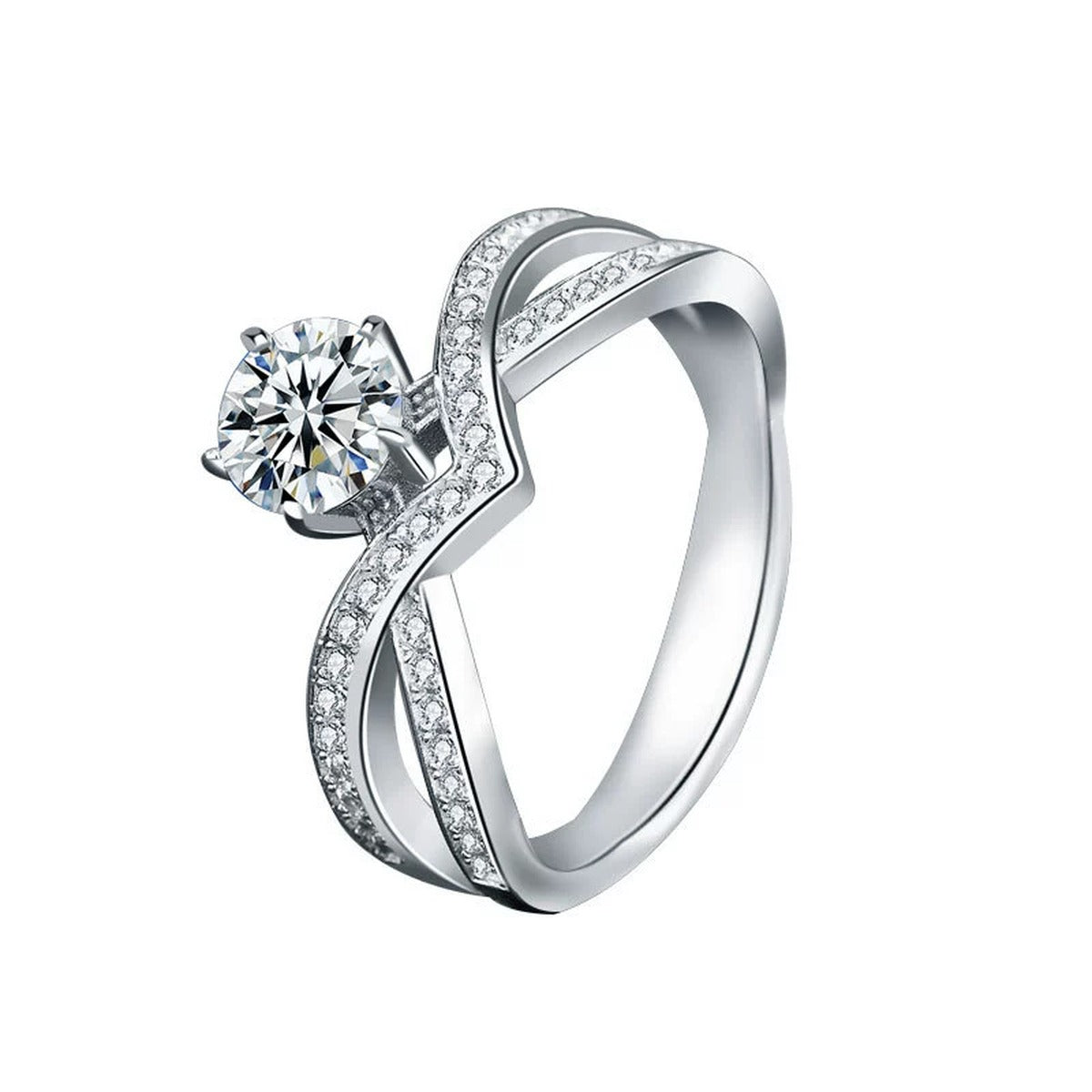 Crown Round Moissanite Pave Engagement Ring with CZ in white gold-plated S925 sterling silver on clean white background