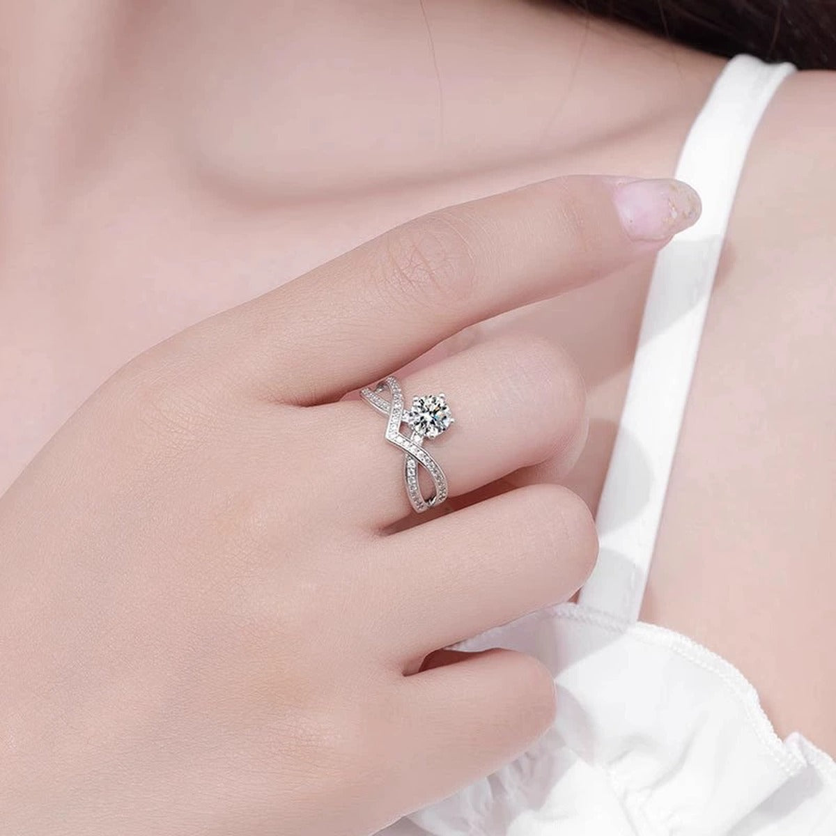Crown Round Moissanite Pave Engagement Ring with CZ worn on hand to show scale, band width, and ring profile