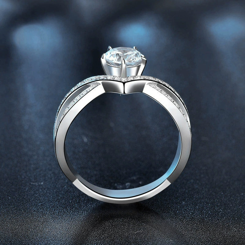 Crown Round Moissanite Pave Engagement Ring with CZ product view showing moissanite setting and metal finish