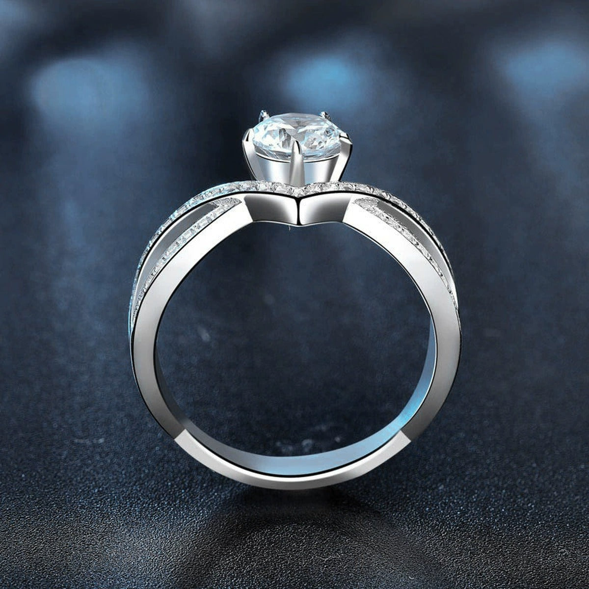 Crown Round Moissanite Pave Engagement Ring with CZ product view showing moissanite setting and metal finish