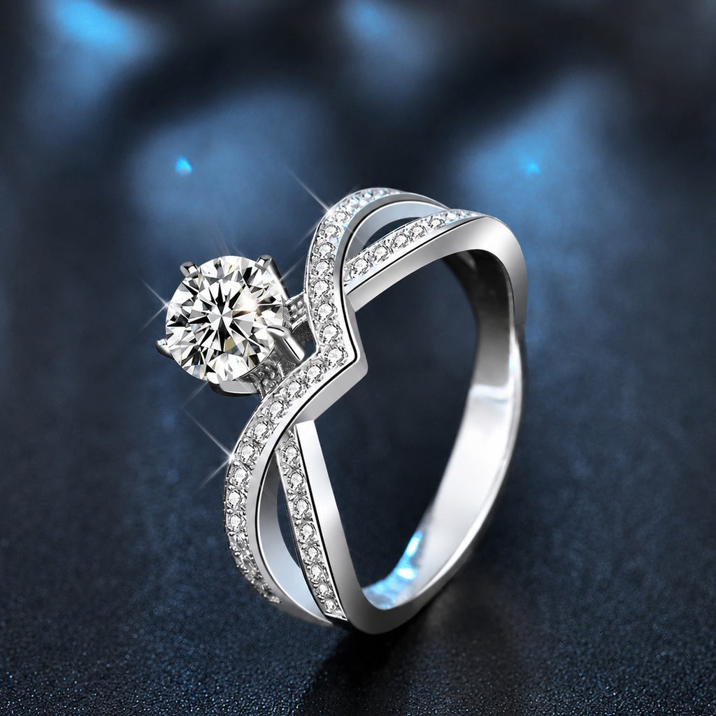 Crown Round Moissanite Pave Engagement Ring with CZ close-up detail view with moissanite sparkle