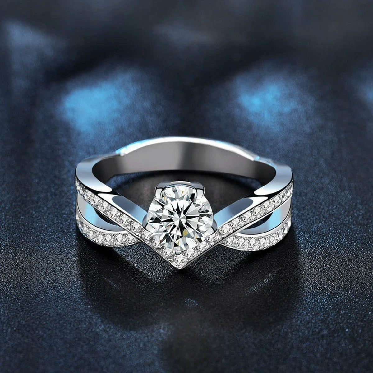 Crown Round Moissanite Pave Engagement Ring with CZ close-up detail view with moissanite sparkle