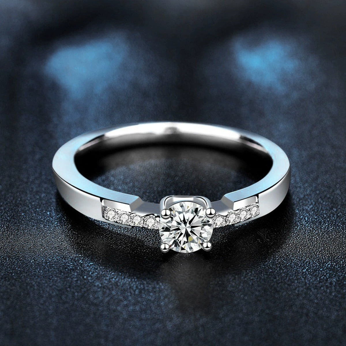 Round Moissanite Wedding Band with CZ close-up detail view with moissanite sparkle