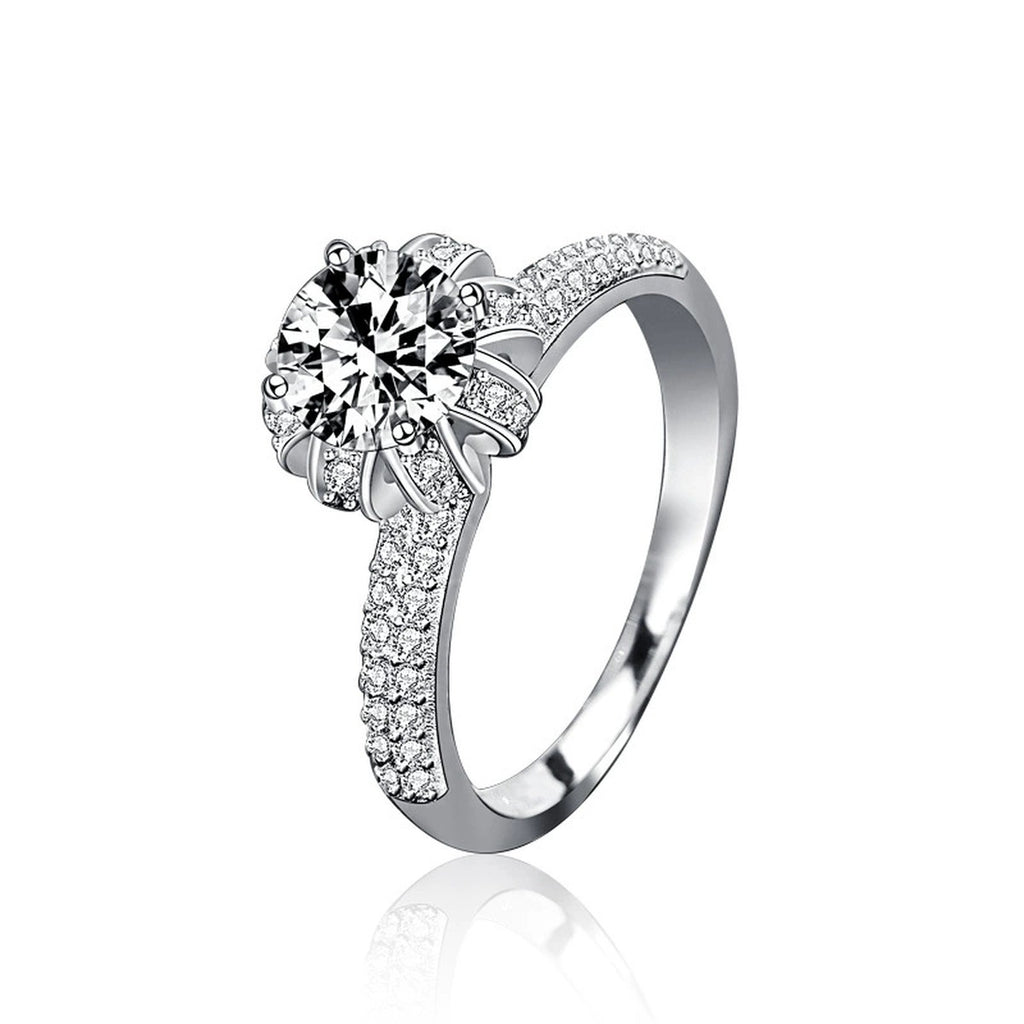 Crown Six-Prong Round Moissanite Engagement Ring with CZ in white gold-plated S925 sterling silver on clean white background