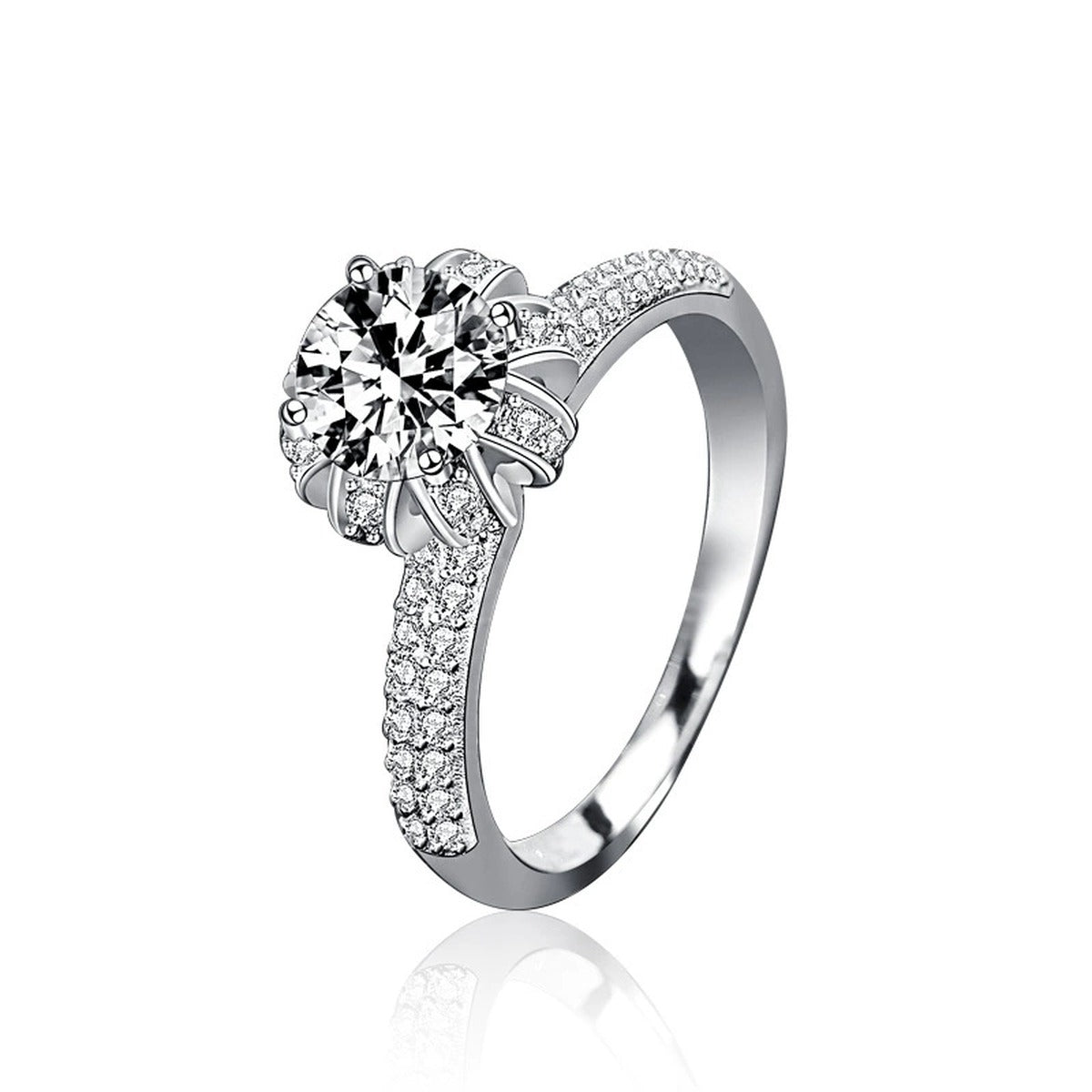 Crown Six-Prong Round Moissanite Engagement Ring with CZ in white gold-plated S925 sterling silver on clean white background