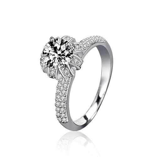 Crown Six-Prong Round Moissanite Engagement Ring with CZ in white gold-plated S925 sterling silver on clean white background