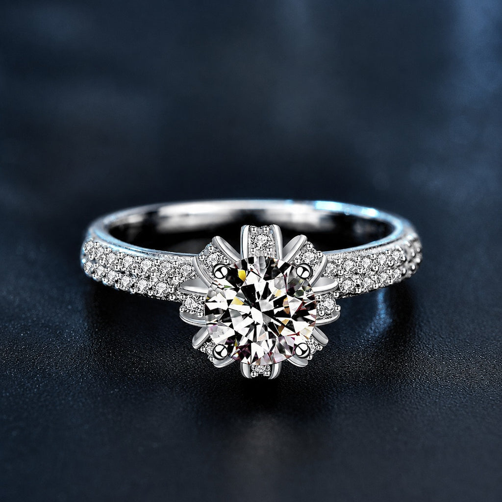 Crown Six-Prong Round Moissanite Engagement Ring with CZ product view showing moissanite setting and metal finish