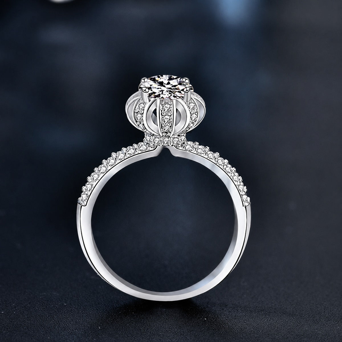 Crown Six-Prong Round Moissanite Engagement Ring with CZ product view showing moissanite setting and metal finish