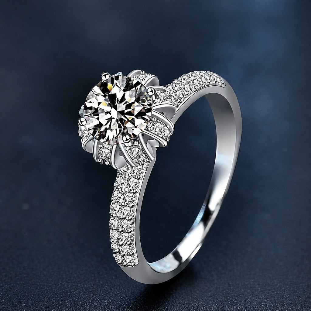 Crown Six-Prong Round Moissanite Engagement Ring with CZ product view showing moissanite setting and metal finish