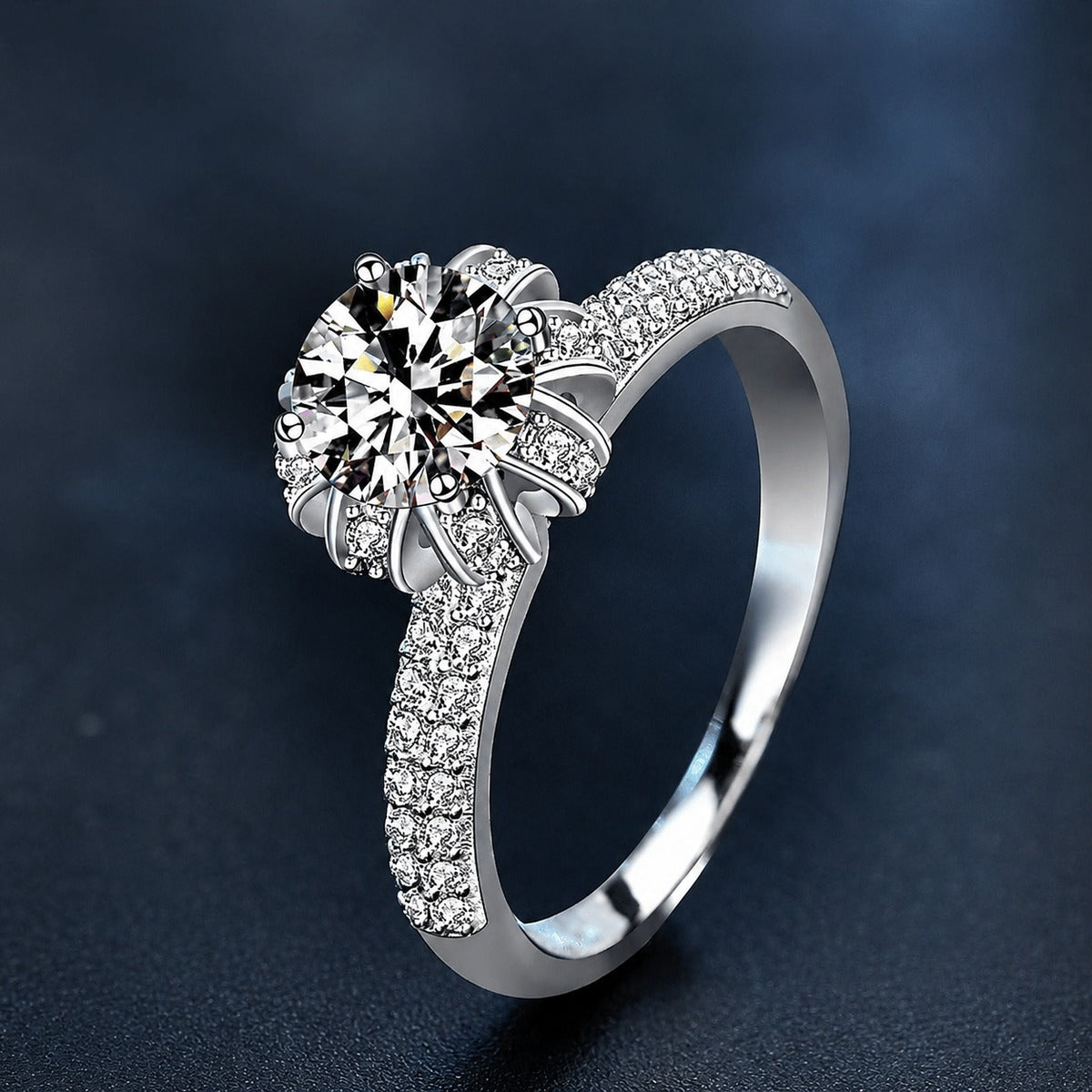 Crown Six-Prong Round Moissanite Engagement Ring with CZ product view showing moissanite setting and metal finish