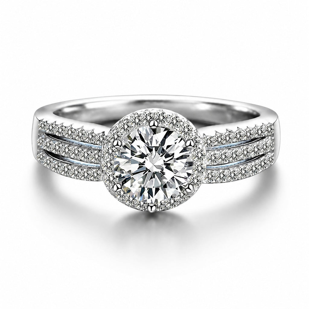 Wide Band Round Moissanite Engagement Ring with CZ in white gold-plated S925 sterling silver on clean white background