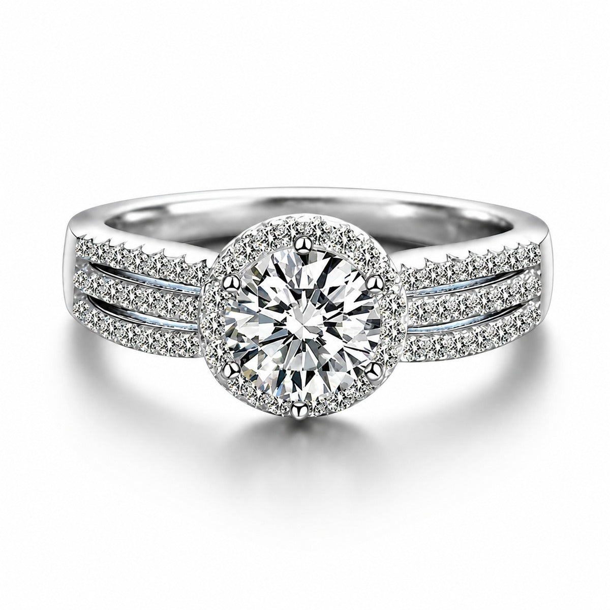 Wide Band Round Moissanite Engagement Ring with CZ in white gold-plated S925 sterling silver on clean white background