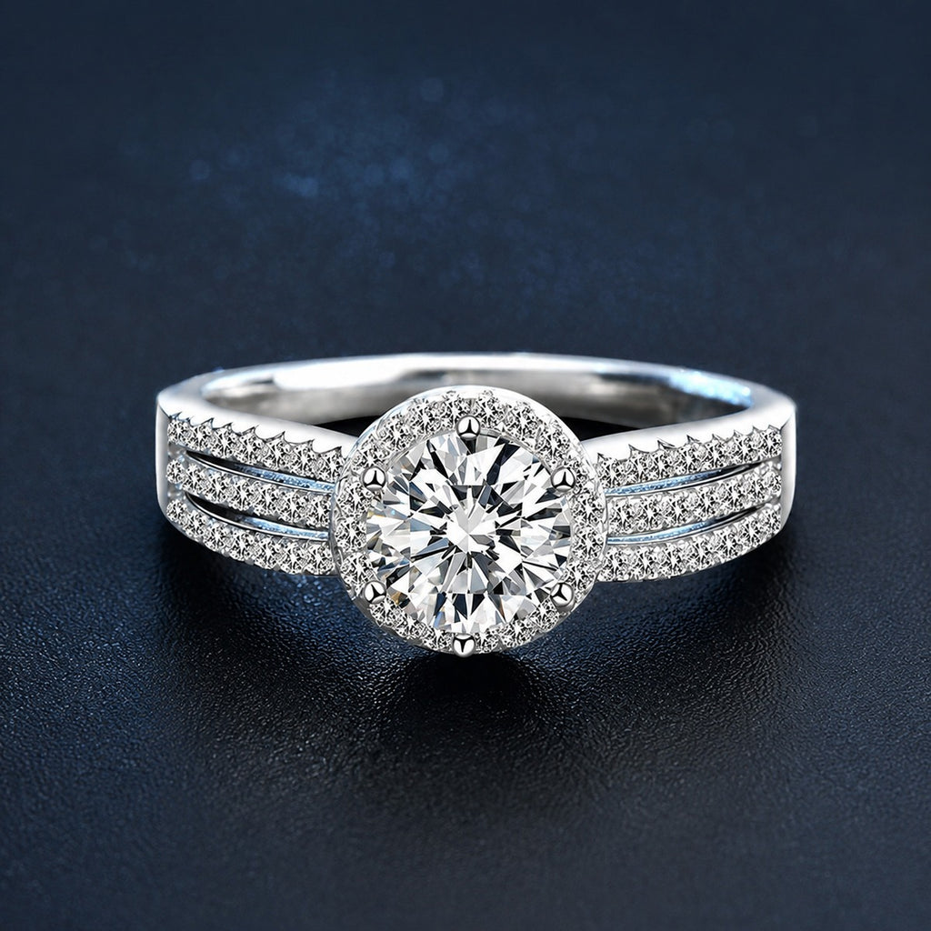 Wide Band Round Moissanite Engagement Ring with CZ close-up detail view with moissanite sparkle