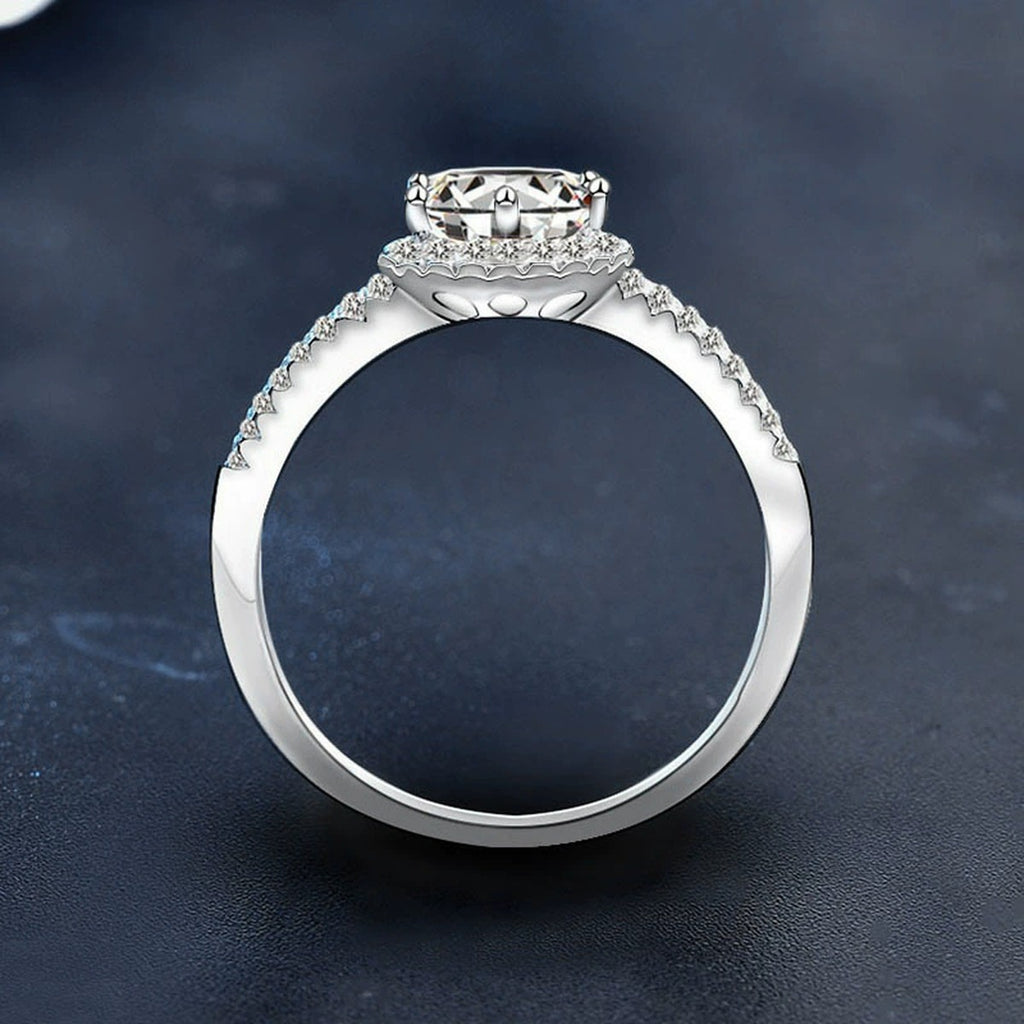 Wide Band Round Moissanite Engagement Ring with CZ close-up detail view with moissanite sparkle