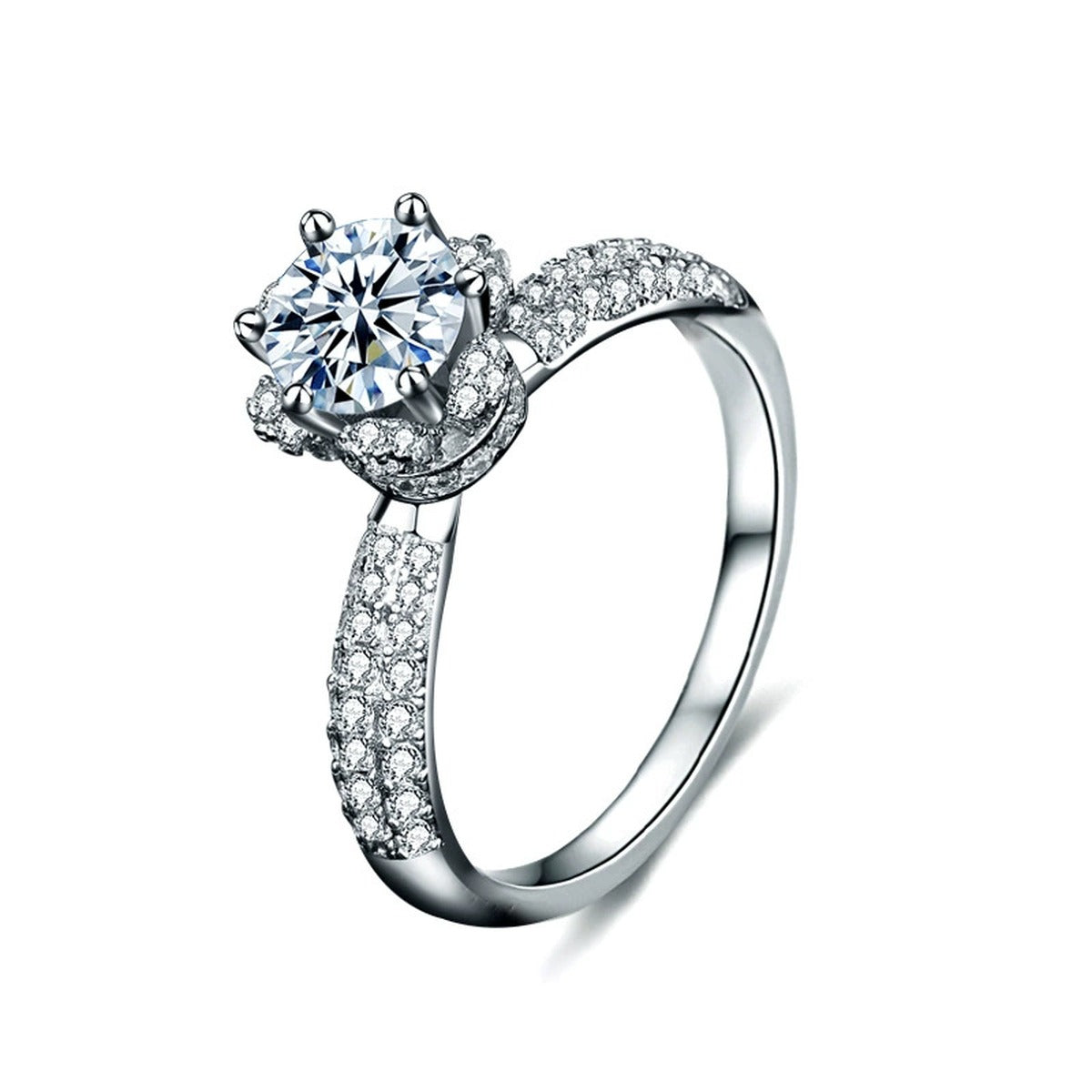 Snowflake Round Moissanite Engagement Ring with CZ in white gold-plated S925 sterling silver on clean white background