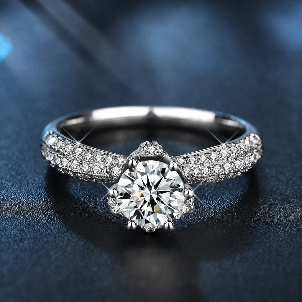 Snowflake Round Moissanite Engagement Ring with CZ product view showing moissanite setting and metal finish