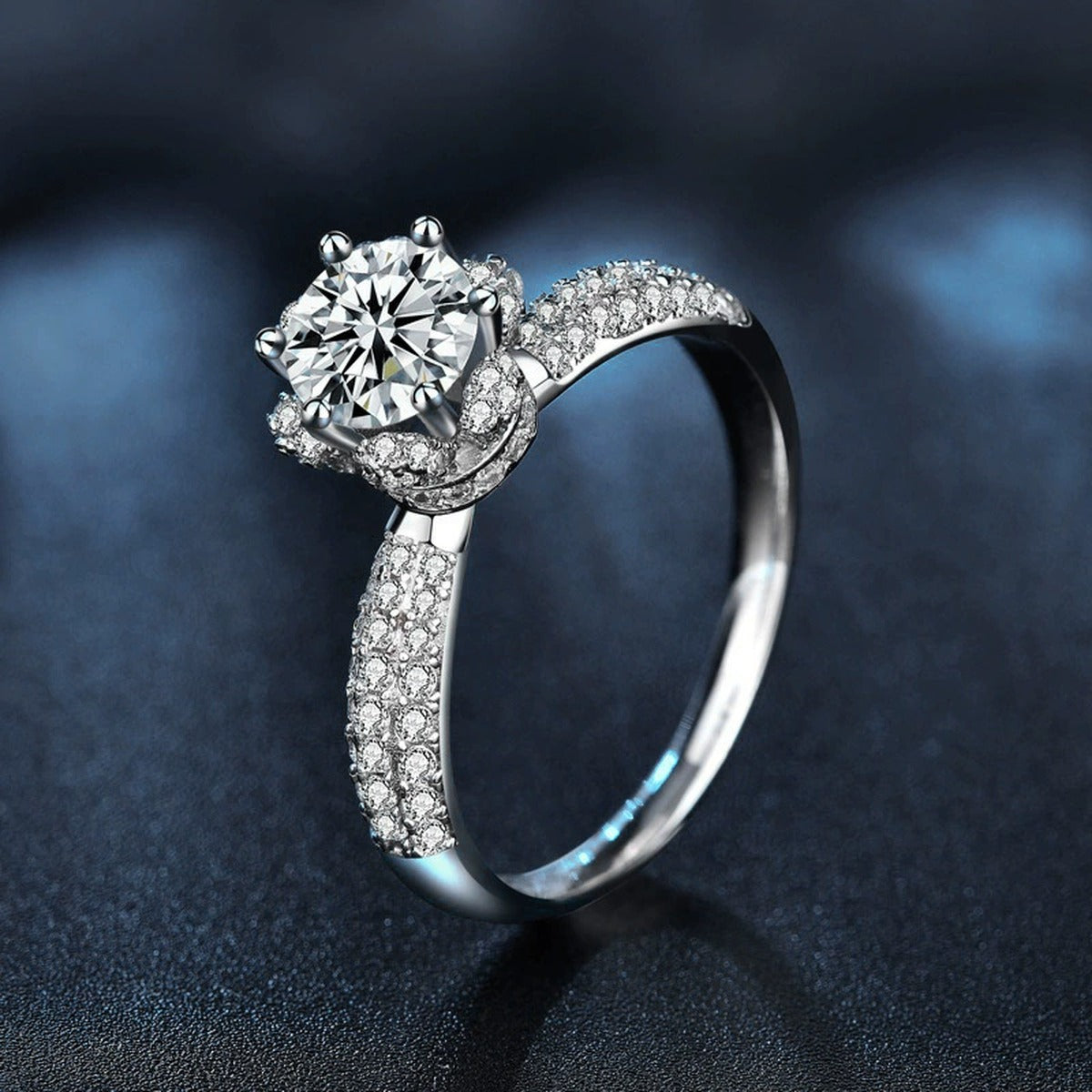 Snowflake Round Moissanite Engagement Ring with CZ close-up detail view with moissanite sparkle