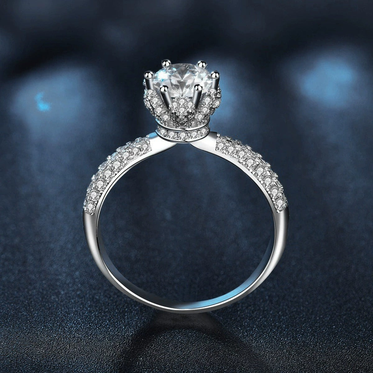 Snowflake Round Moissanite Engagement Ring with CZ close-up detail view with moissanite sparkle