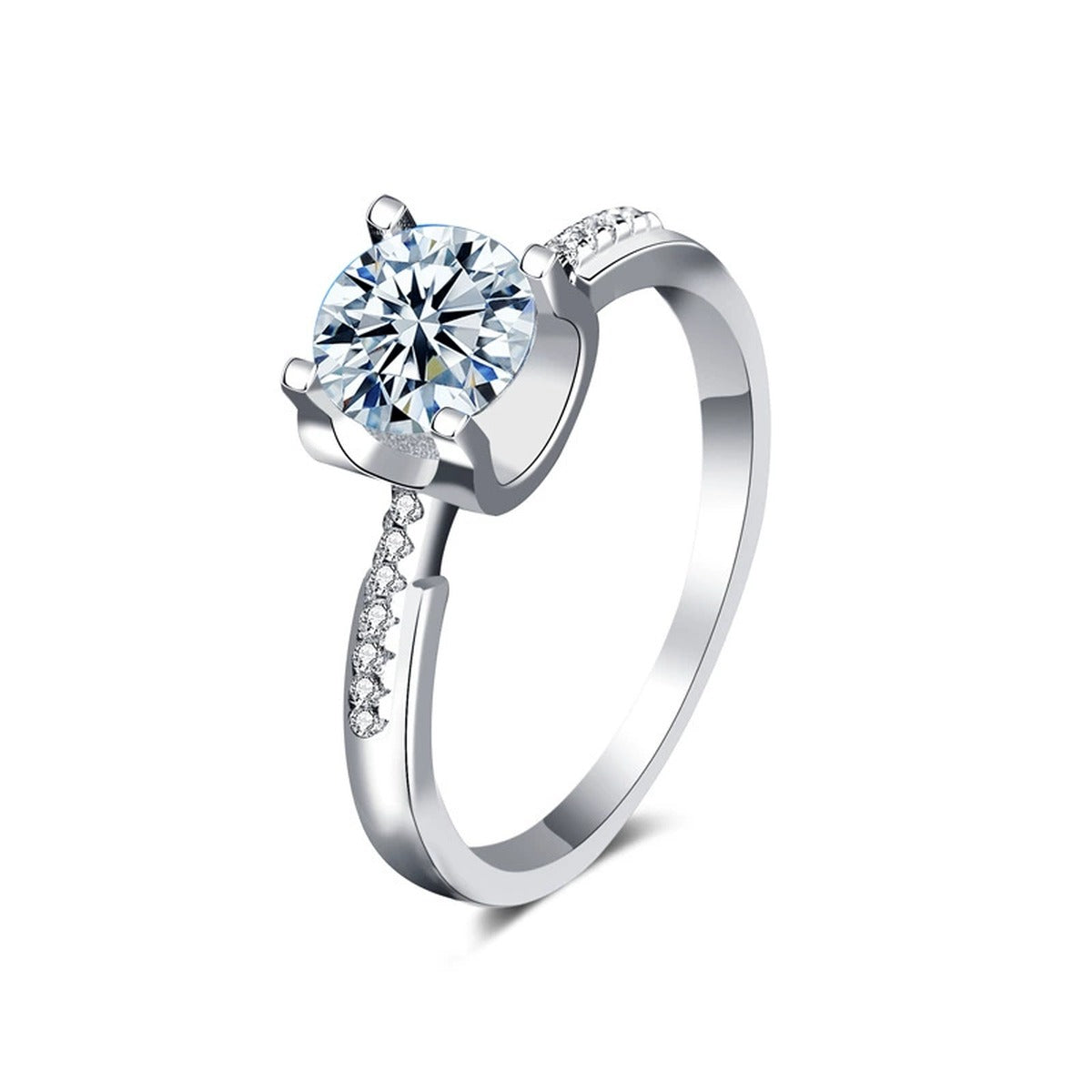 Four-Prong Round Moissanite Engagement Ring with CZ in white gold-plated S925 sterling silver on clean white background