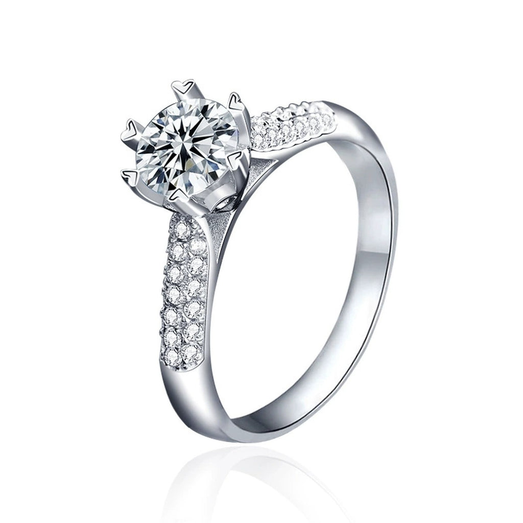 Starburst Round Moissanite Engagement Ring with CZ in white gold-plated S925 sterling silver on clean white background