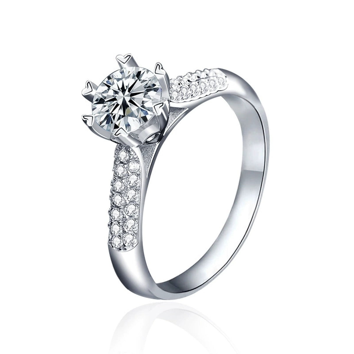 Starburst Round Moissanite Engagement Ring with CZ in white gold-plated S925 sterling silver on clean white background