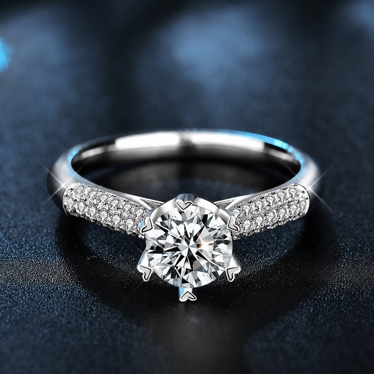 Starburst Round Moissanite Engagement Ring with CZ close-up detail view with moissanite sparkle