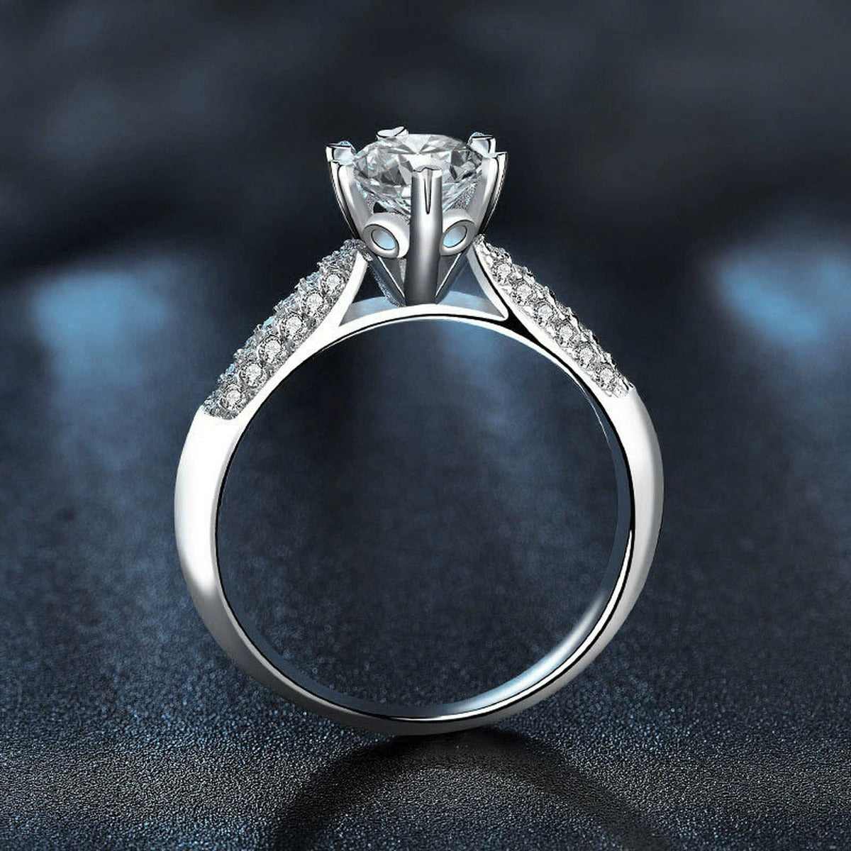 Starburst Round Moissanite Engagement Ring with CZ close-up detail view with moissanite sparkle