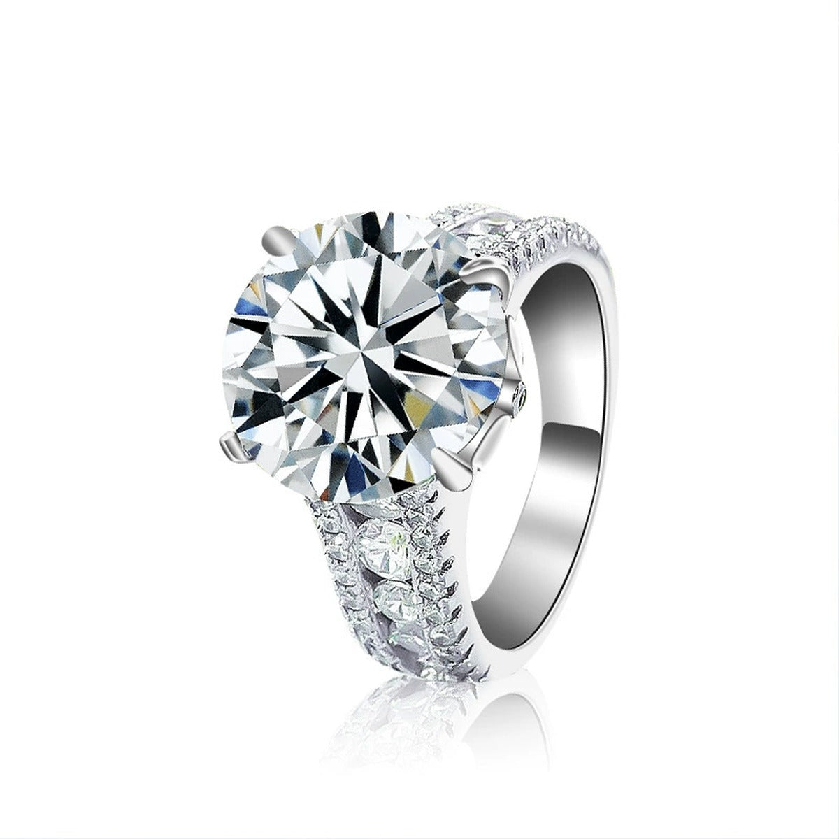 Oversized Four-Prong Round Moissanite Engagement Ring with CZ in white gold-plated S925 sterling silver on clean white background