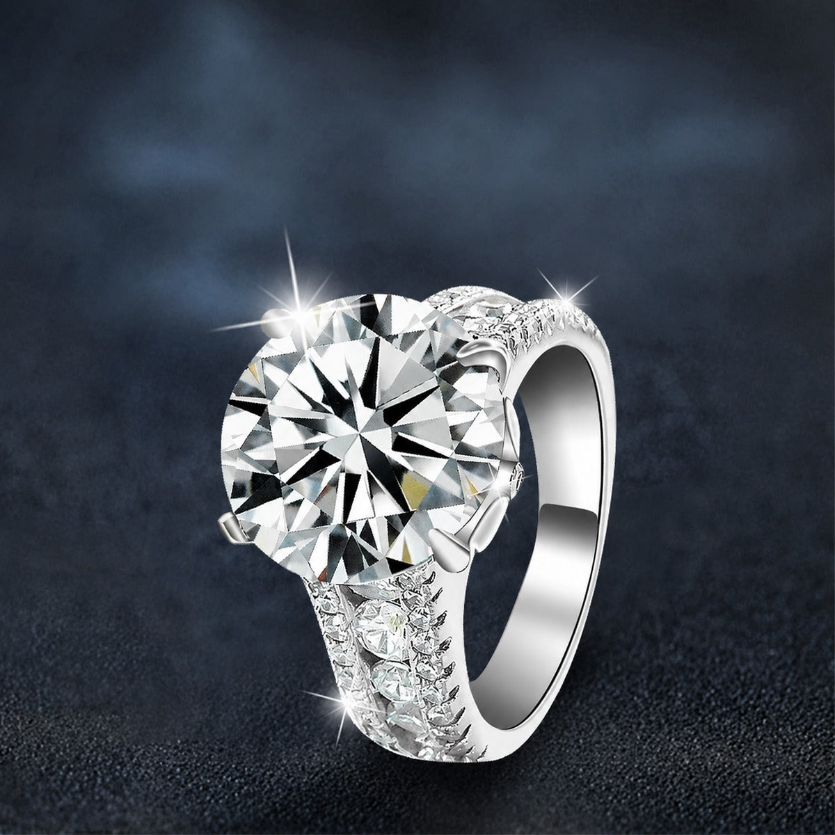 Oversized Four-Prong Round Moissanite Engagement Ring with CZ close-up detail view with moissanite sparkle