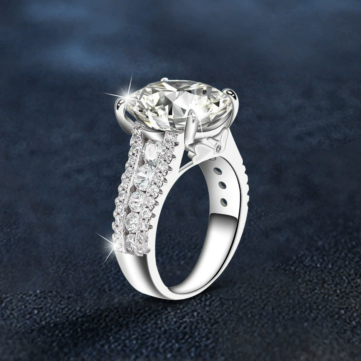 Oversized Four-Prong Round Moissanite Engagement Ring with CZ close-up detail view with moissanite sparkle