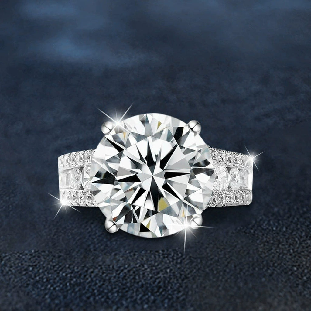 Oversized Four-Prong Round Moissanite Engagement Ring with CZ close-up detail view with moissanite sparkle