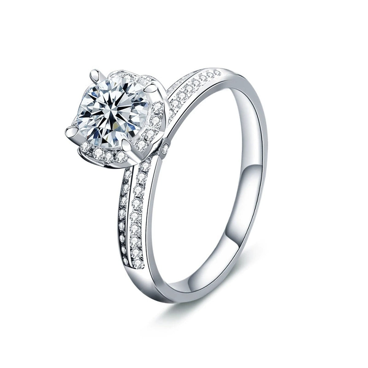 Floral Round Moissanite Engagement Ring with CZ in white gold-plated S925 sterling silver on clean white background