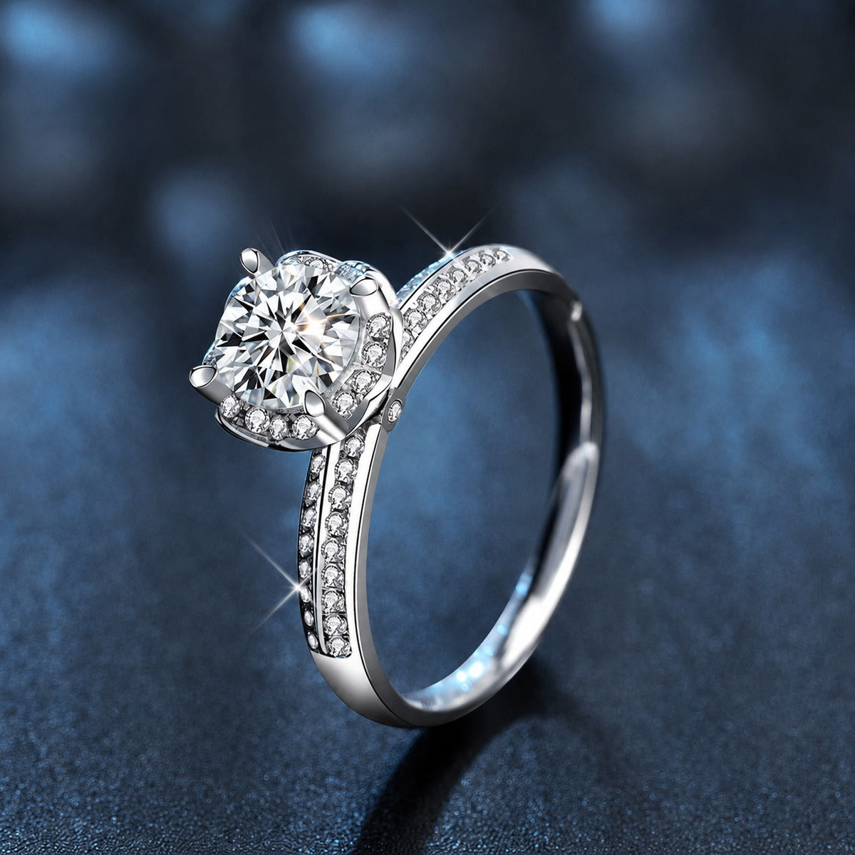 Floral Round Moissanite Engagement Ring with CZ product view showing moissanite setting and metal finish