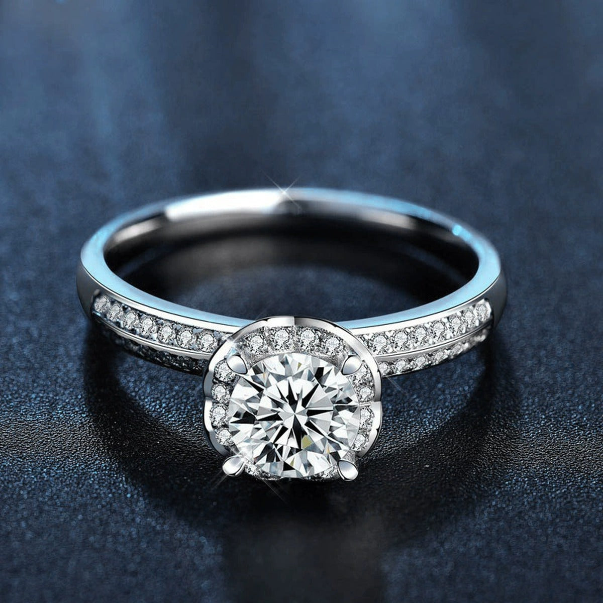 Floral Round Moissanite Engagement Ring with CZ product view showing moissanite setting and metal finish