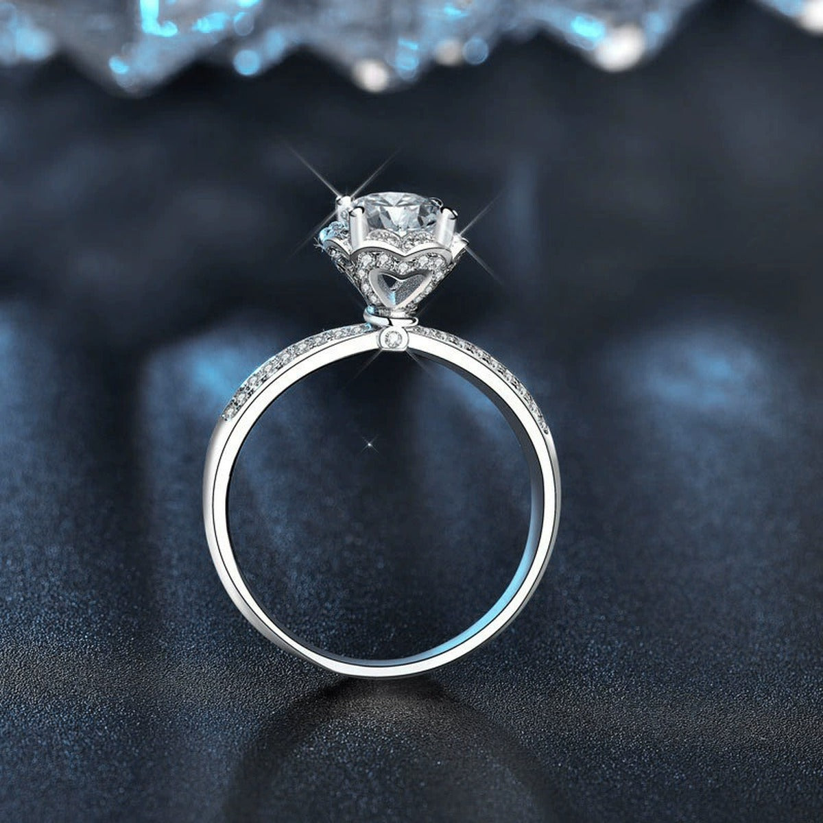 Floral Round Moissanite Engagement Ring with CZ close-up detail view with moissanite sparkle