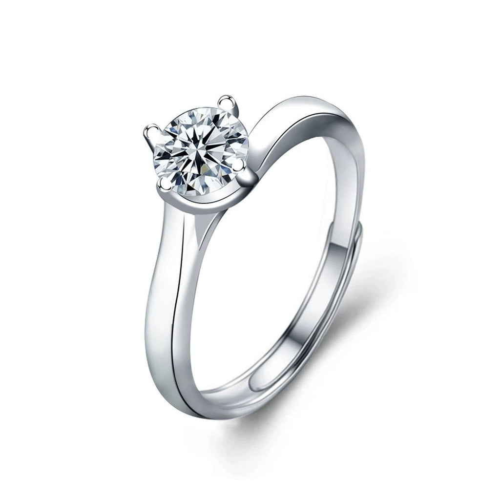Four-Prong Round Moissanite Adjustable Engagement Ring in white gold-plated S925 sterling silver on clean white background