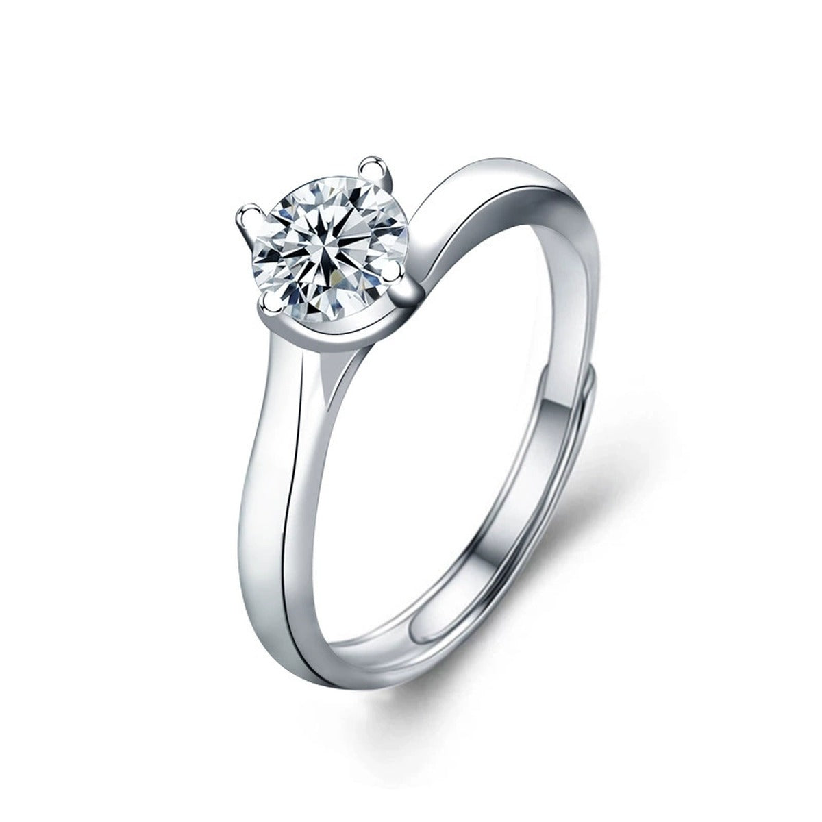 Four-Prong Round Moissanite Adjustable Engagement Ring in white gold-plated S925 sterling silver on clean white background