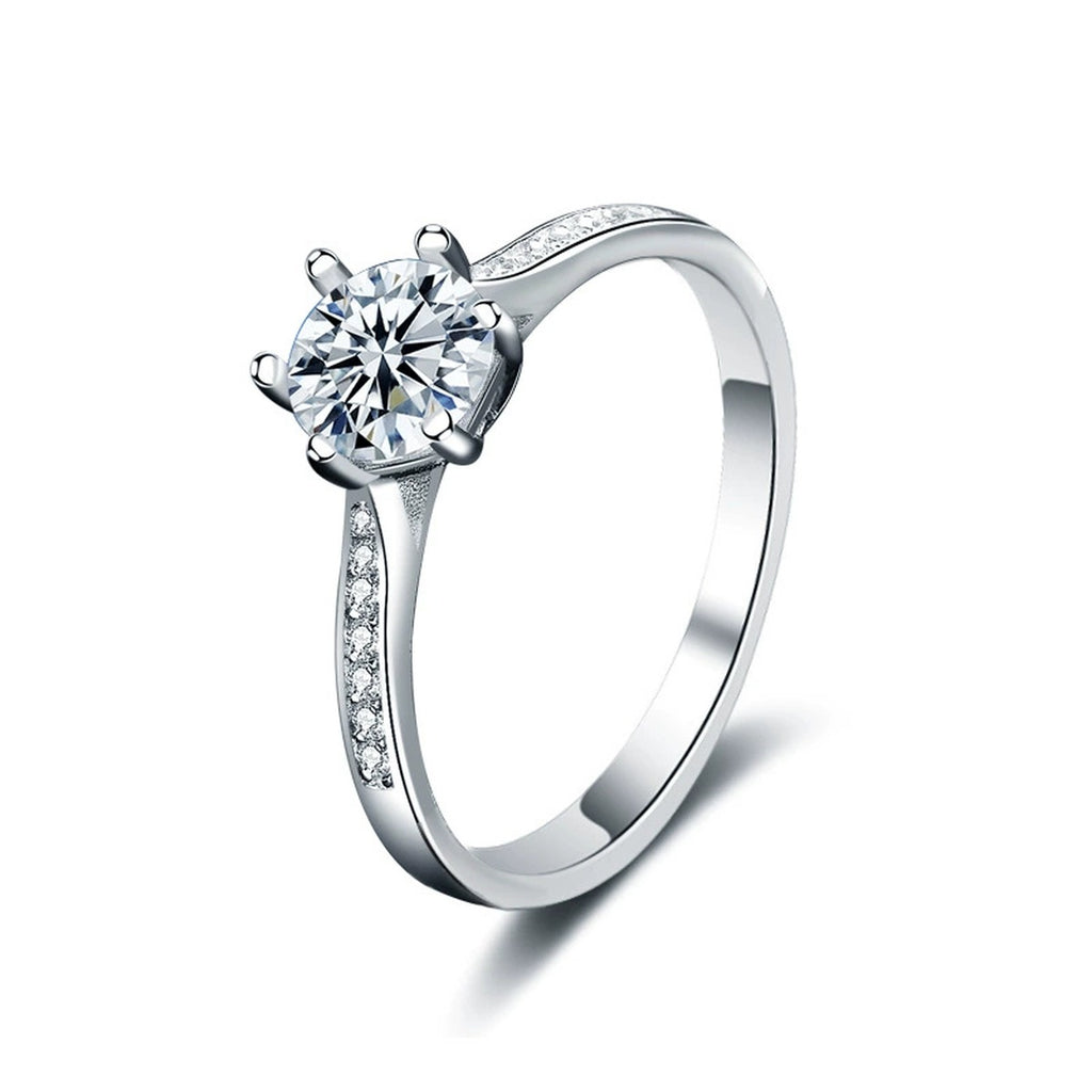 Crown Round Moissanite Engagement Ring with CZ in white gold-plated S925 sterling silver on clean white background