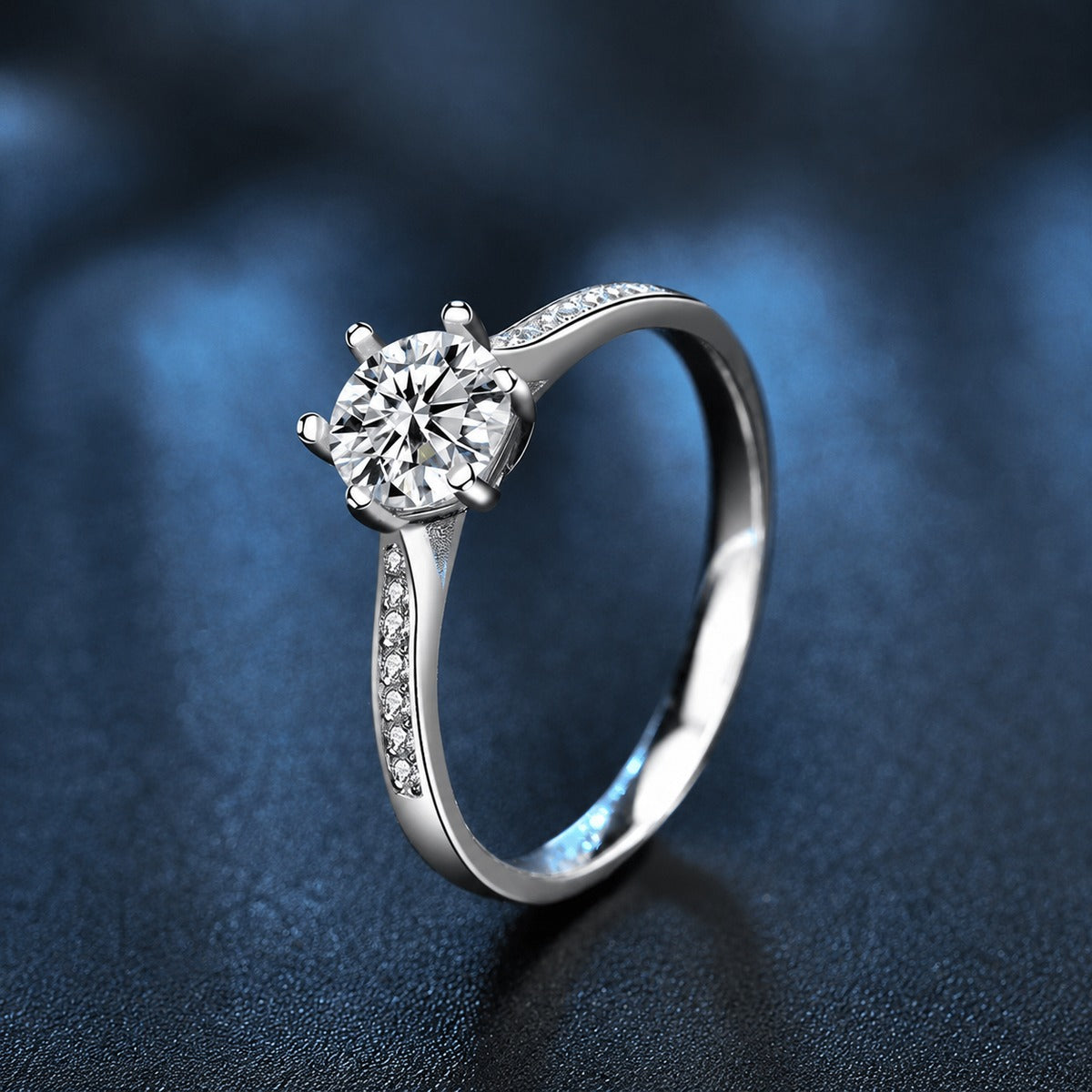 Crown Round Moissanite Engagement Ring with CZ product view showing moissanite setting and metal finish