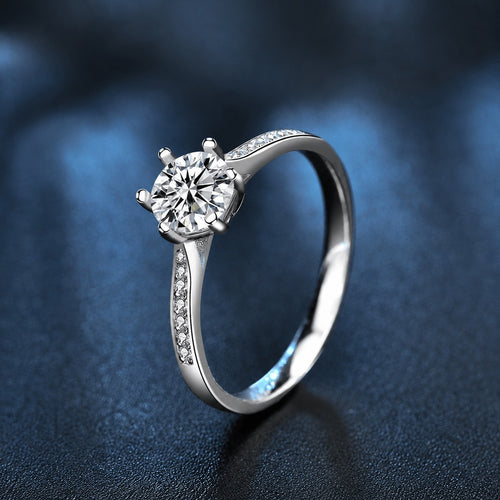 Crown Round Moissanite Engagement Ring with CZ product view showing moissanite setting and metal finish