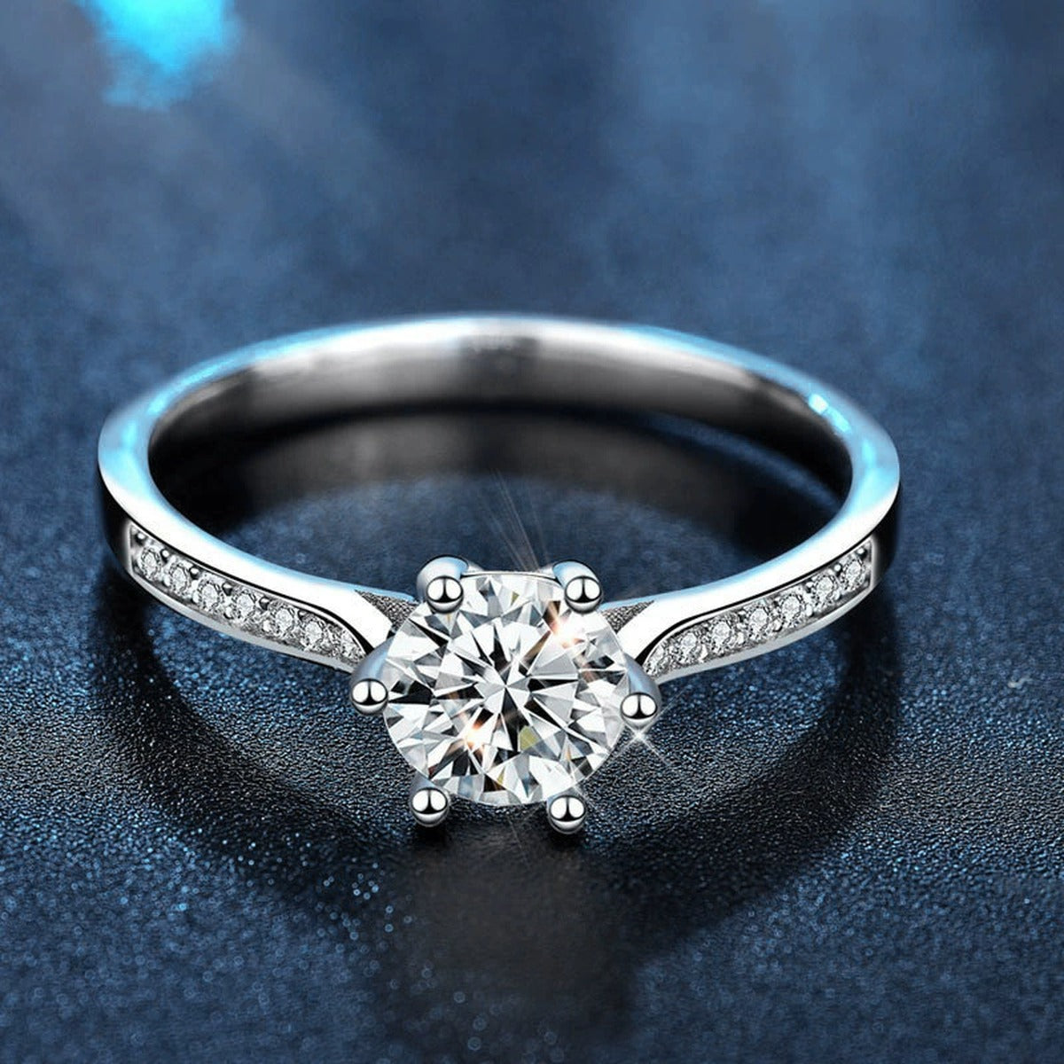 Crown Round Moissanite Engagement Ring with CZ product view showing moissanite setting and metal finish