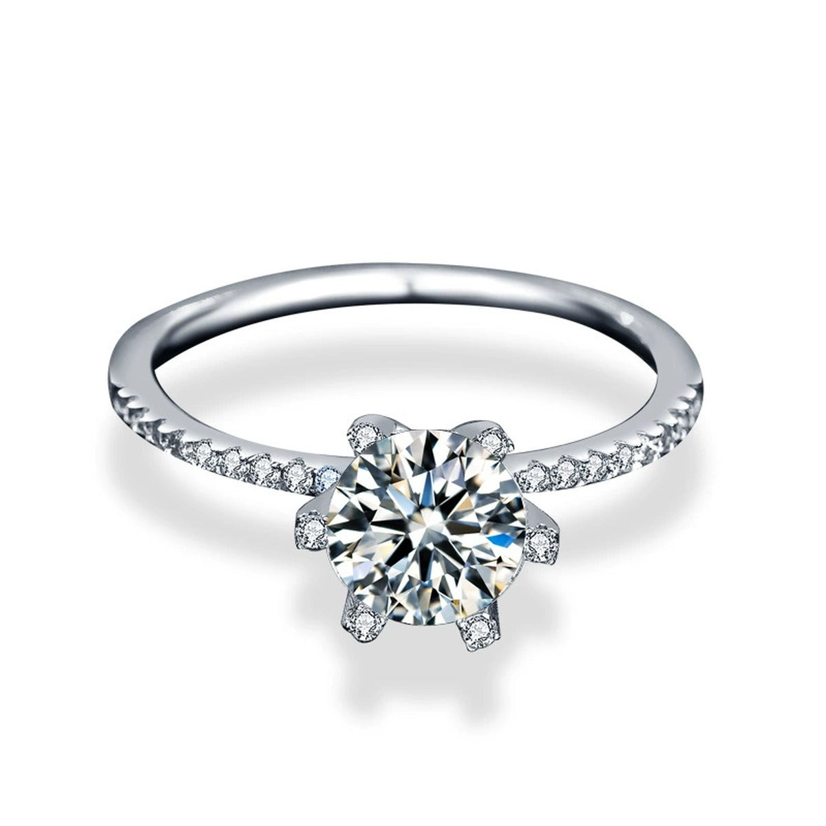 Classic Six-Prong Round Moissanite Engagement Ring with CZ in white gold-plated S925 sterling silver on clean white background