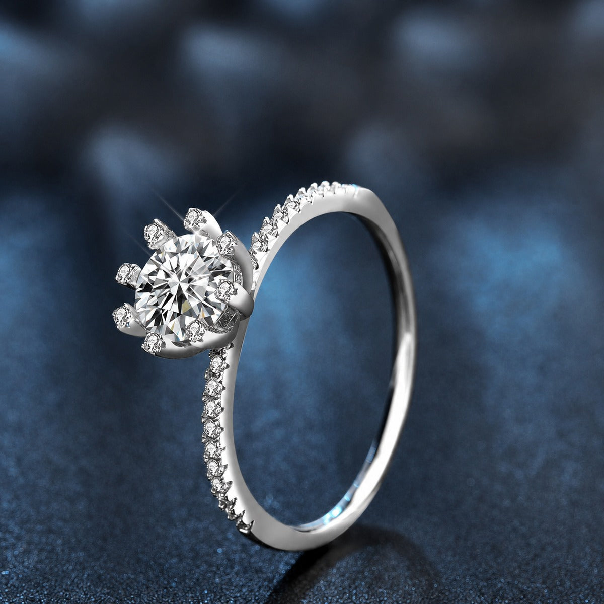 Eight-Prong Round Moissanite Engagement Ring with CZ close-up detail view with moissanite sparkle